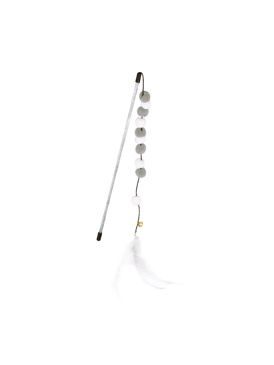 Cat Feather Toys, Interactive Cat Toys Kitten Toys,Gray-white Fur Ball Cat Teaser Wand With Bell, Cute Princess Cat Toy For Interactive Play