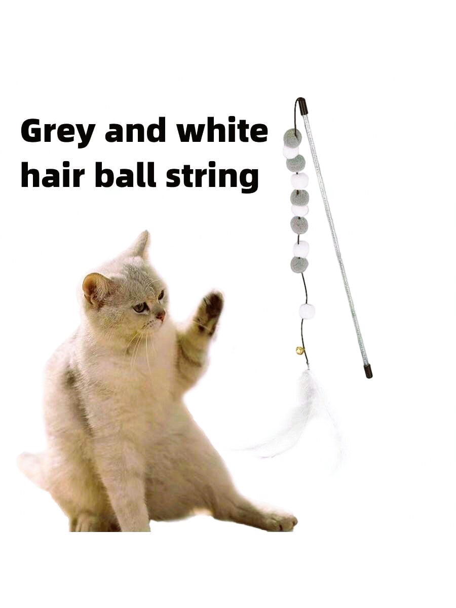 Cat Feather Toys, Interactive Cat Toys Kitten Toys,Gray-white Fur Ball Cat Teaser Wand With Bell, Cute Princess Cat Toy For Interactive Play