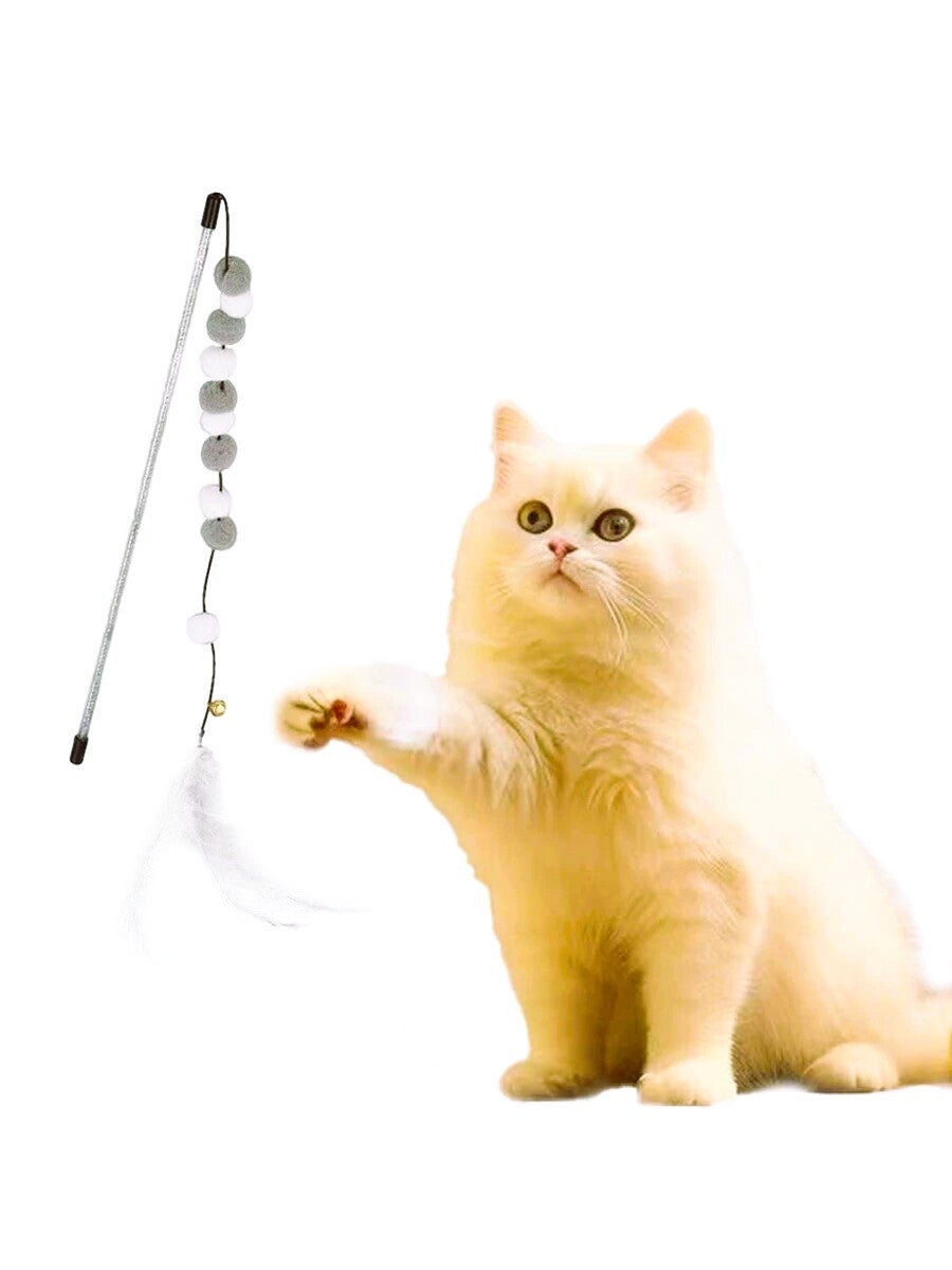 Cat Feather Toys, Interactive Cat Toys Kitten Toys,Gray-white Fur Ball Cat Teaser Wand With Bell, Cute Princess Cat Toy For Interactive Play