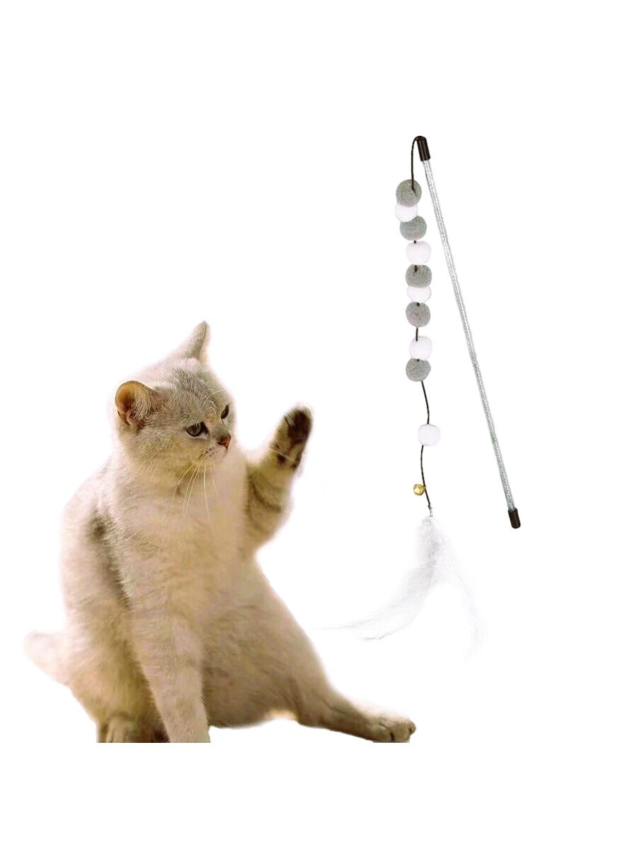 Cat Feather Toys, Interactive Cat Toys Kitten Toys,Gray-white Fur Ball Cat Teaser Wand With Bell, Cute Princess Cat Toy For Interactive Play