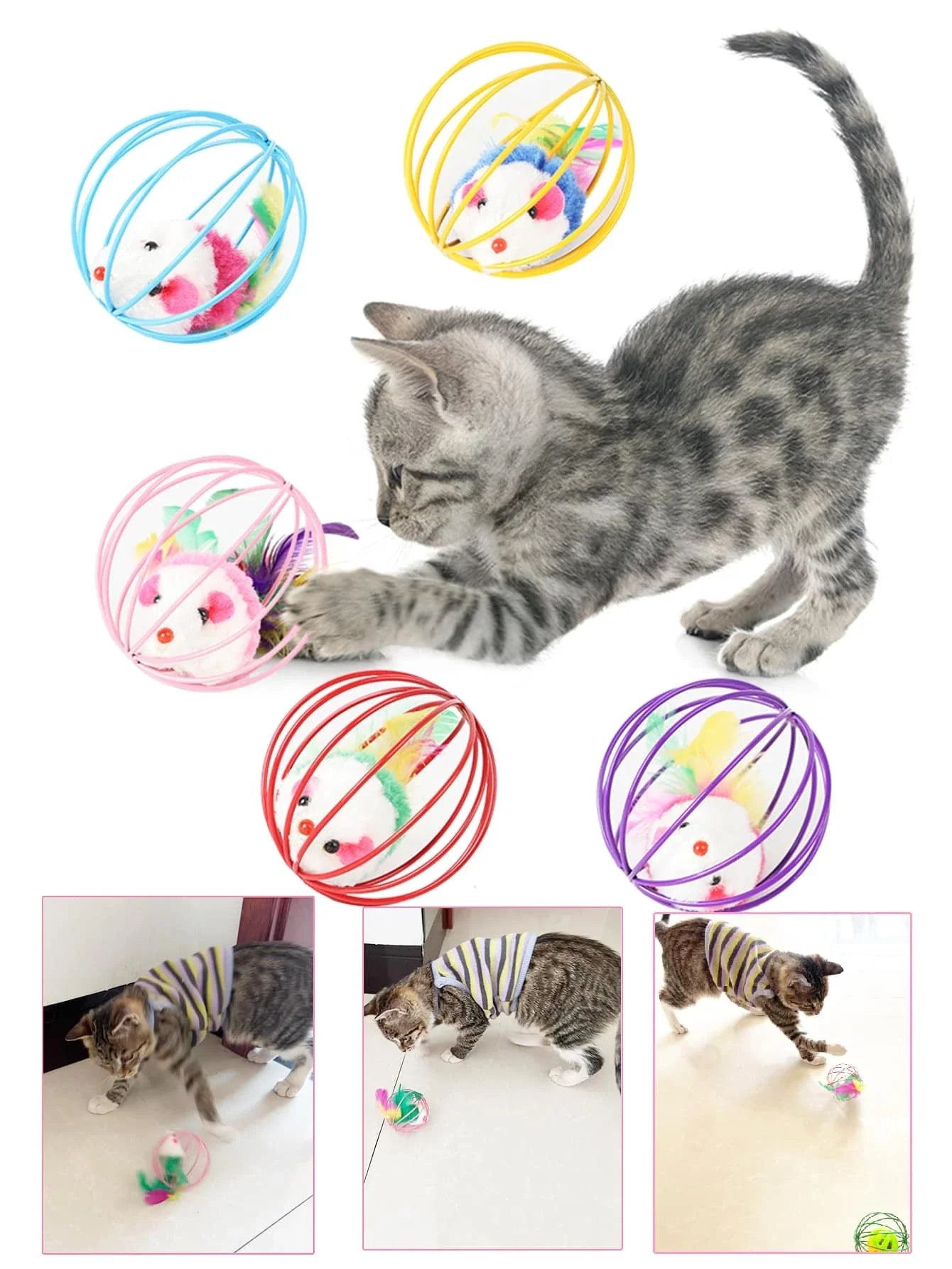Cat Toys,Pet Toys,Colorful Caged Mice Relieve Boredom Fun And Fun Toy Set ,Keep Your Cat Entertained With Interactive Rolling Balls & Mouse Toys